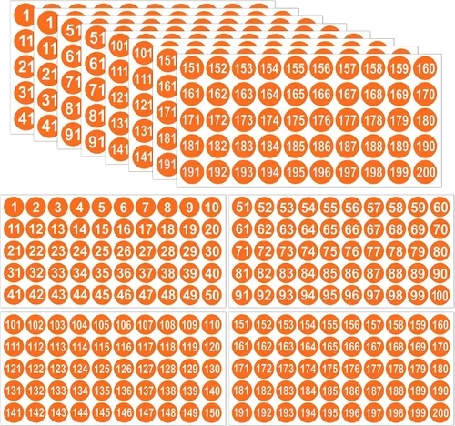 Vista 14 de 12 hojas de 1 a 200 calcomanías de vinilo con números consecutivos, 3 juegos de etiquetas autoadhesivas impermeables de 1 pulgada, calcomanías