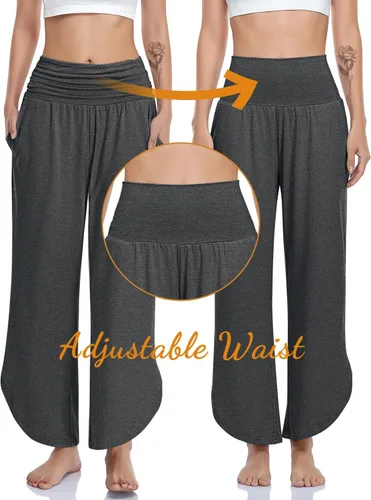 Vista 4 de UEU - Pantalones de yoga de pierna ancha para mujer, cintura alta, cómodos, para danza, deportivos, holgados, casuales, suaves, con bolsillos