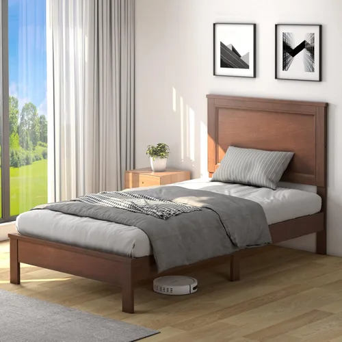 Vista 15 de KOMFOTT Armazón de Cama de Plataforma de Madera Tamaño Twin con Cabecero, Cama de Plataforma de Madera de Mediados del Siglo con Soporte de Listones