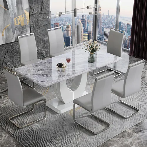Vista 22 de JUFU Juego de mesa de comedor moderno para 4, juego de mesa de cocina rectangular de 63 pulgadas con mesa de mármol sintético y 4 sillas tapizadas