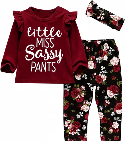 Vista 9 de KuKitty Conjunto de 3 piezas de ropa de bebé niña de manga larga con letras y pantalones casuales y diadema Amarillo