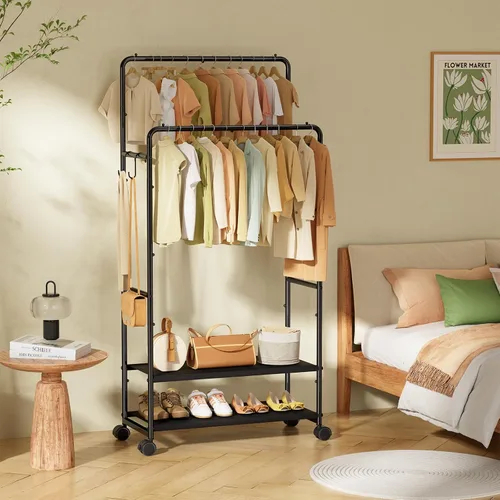 Vista 2 de Simple Trending Perchero para colgar ropa, perchero de doble barra con estantes, carga de 400 libras, perchero con ruedas, color negro