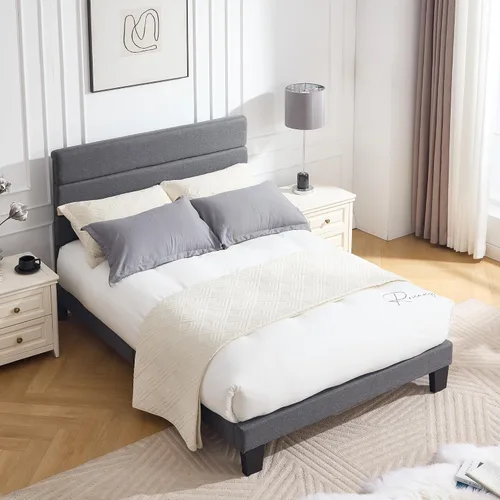 Vista 11 de Armazón de Cama de Plataforma Tamaño Full, Armazón de Cama con Cabecera de Tela Suave con Listones de Madera Resistentes – Moderno y Sin Ruido, Base