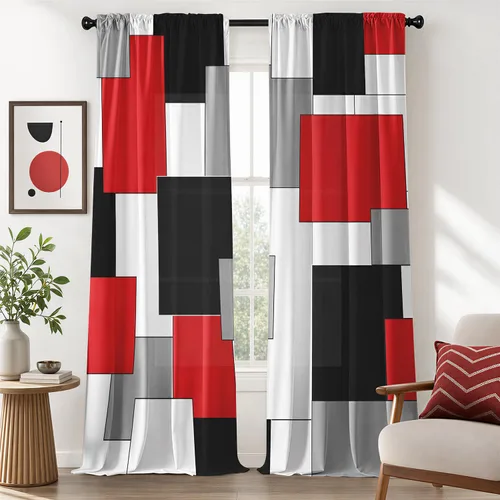 Vista 23 de Cortinas negras y grises para sala de estar, 63 pulgadas de largo, cortinas geométricas modernas, negras, blancas, grises, abstractas, con bolsillo