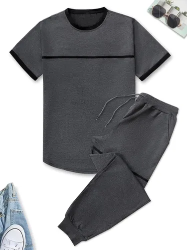 Vista 2 de MakeMeChic Conjunto casual de 2 piezas para hombre, camiseta de manga corta con cordón en la cintura