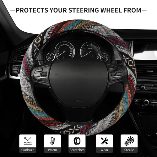 Vista 5 de GXT Manta Baja de 15 pulgadas para volante de automóvil, ajuste universal para la mayoría de los automóviles, estilo étnico, tela de lino gruesa