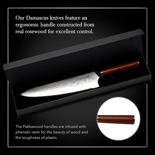 Vista 4 de Hammer Stahl Cuchillo de chef de Damasco de 9 pulgadas Cuchillo de cocina profesional con mango de palisandro Cuchillo de cocina de Damasco