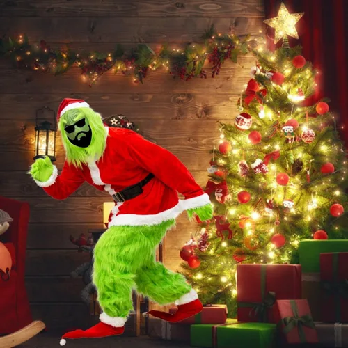 Vista 6 de ALYSSE Trajes de Papá Noel peludo verde para adultos, 7 piezas de disfraz de Papá Noel de lujo para hombres, cosplay de Navidad, incluye máscara
