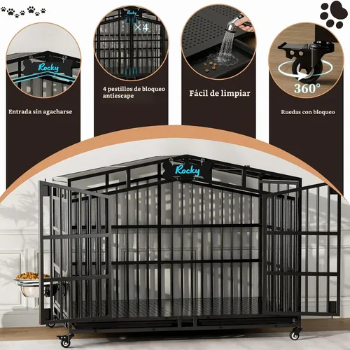 Vista 2 de EasyCom Jaula de perro indestructible de alta resistencia XL XXL de 48 pulgadas, a prueba de escape, con parte superior abierta, ruedas bloqueables