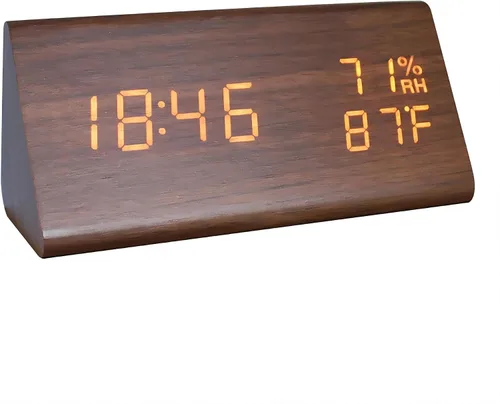 Vista 8 de Reloj despertador digital, LED electrónico de madera, pantalla de fecha de hora, detección de temperatura y humedad, 3 ajustes de alarma, brillo