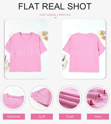 Vista 5 de Dokotoo Camisas casuales de manga corta con cuello en V para mujer, blusas sólidas de gran