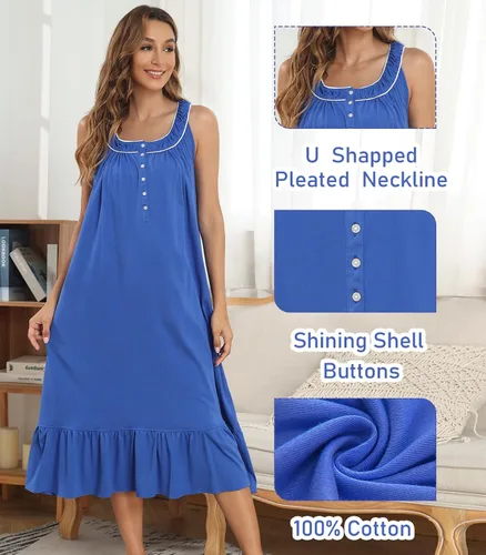 Vista 2 de Camisones sin mangas para mujer, camisón largo de algodón, ropa de dormir, camisón para dormir, vestido de dormir 100% algodón