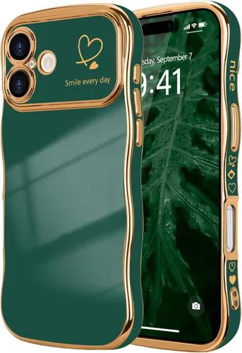Vista 128 de LCHULLE - Funda para iPhone Air, linda para mujeres y niñas, con forma de onda, color azul bebé Luxury Plating Curly Wavy Frame with Love Heart