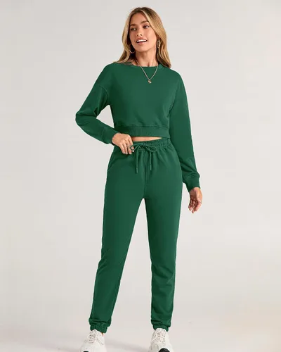 Vista 34 de BTFBM Conjunto deportivo de 2 piezas para mujer, camiseta corta de manga larga, sin botones, pantalón con cordón ajustable, pantalones deportivos