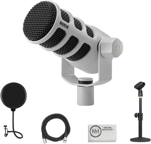 Vista 9 de Rode PodMic Micrófono dinámico USB y XLR para podcasting, paquete negro con filtro pop + soporte de micrófono de escritorio + cable XLR + paño