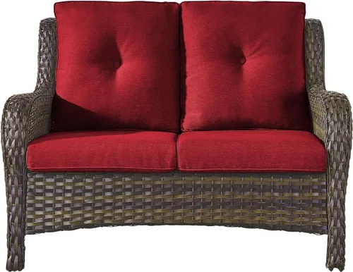 Vista 10 de Sofá Pop Patio de 2 plazas para exteriores con cojines gruesos de botones, respaldo alto, muebles de ratán de mimbre marrón resistentes y cómodos