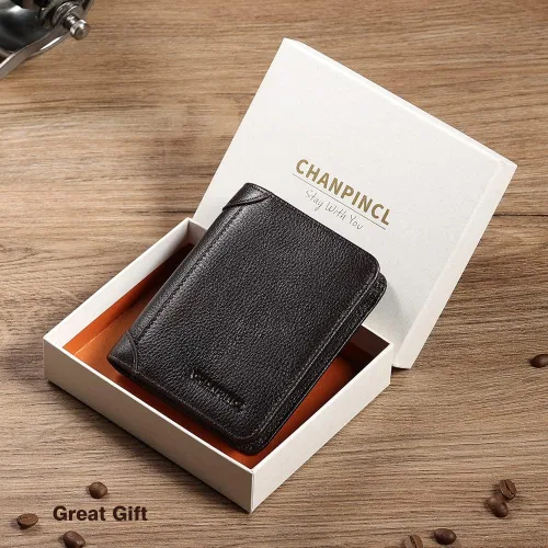 Vista 64 de Billetera de piel triple con bloqueo RFID para hombre con 2 ventanas de identificación, 2 compartimentos para efectivo, 6-8 ranuras para tarjetas