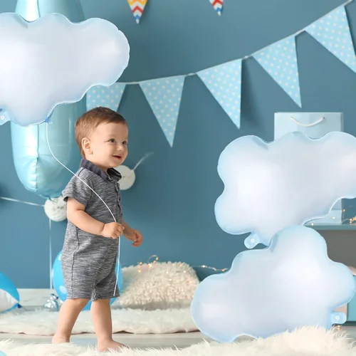 Vista 6 de Sumind 6 globos de papel de aluminio de nube blanca de 28 pulgadas, globos con forma de cielo azul, suministros de fiesta inflables reutilizables