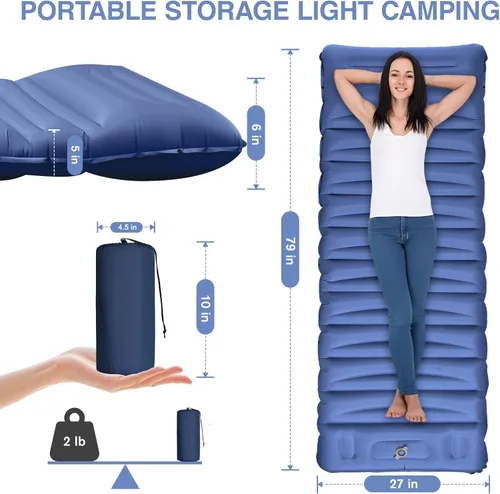 Vista 2 de Colchoneta de dormir para camping, alfombrilla de campamento extra gruesa de 5" con almohada y bomba de pie integrada, colchoneta inflable