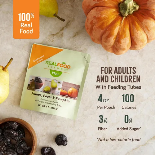 Vista 4 de REAL FOOD BLENDS Mini, mezcla de ciruelas pasas, peras y calabaza, aperitivo en puré para alimentación por tubo con aceite de linaza, 100 calorías