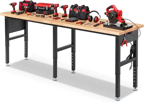 Vista 11 de ENJOYWOOD Mesa de trabajo para garaje de 60 pulgadas Banco de trabajo con almacenamiento Altura ajustable Tablero de madera de goma Banco de trabajo
