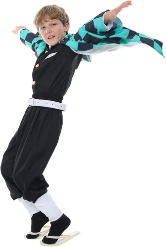 Vista 7 de Disfraz de cosplay verde de anime, kimono negro, conjunto completo de bata de Halloween, trajes de cosplay para niños, adultos, hombres y niños