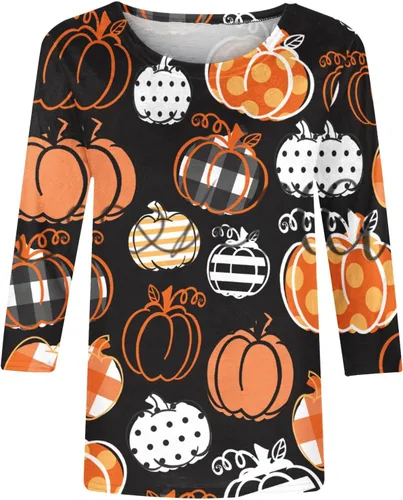 Vista 4 de Camisas de Halloween 2023 para mujer, camisetas casuales con gráficos de calabaza, camisetas de manga 34, blusa tipo túnica de cuello redondo