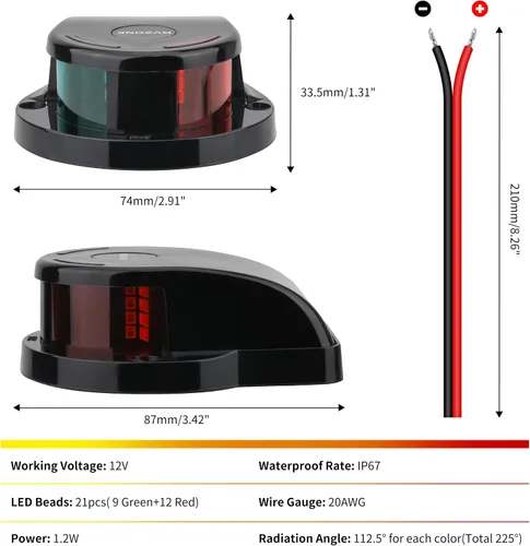 Vista 7 de RVZONE Luces de Navegación para Barcos, Iluminación de Navegación para Barcos LED IP67 Impermeables Rojas y Verdes Luces LED Marinas de Proa Negro