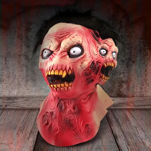 Vista 4 de Pigmiss Máscara de zombi aterradora de cabeza completa de látex realista de demonio, máscara divertida de doble cabeza espeluznante de boca abierta