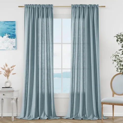 Vista 64 de Cortinas de lino verde aguamarina de 84 pulgadas de largo, juego de 2 paneles semitransparentes con bolsillo para barra para comedor, decoración