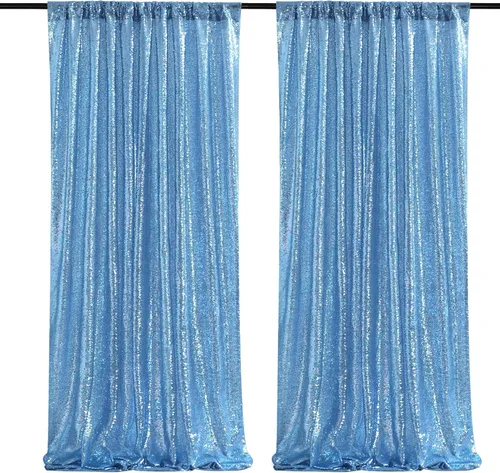 Vista 20 de Cortinas de fondo de lentejuelas con purpurina azul bebé, 2 piezas de 2 x 8 pies, telón de fondo de fiesta de baby shower para niños, hermosas