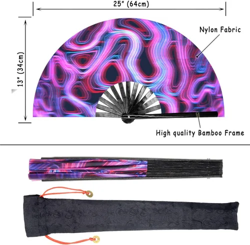 Vista 2 de Ventilador de mano plegable grande para mujeres/hombres, chino/japonés con bambú y tela de nailon, para actuaciones, decoraciones, bailes, fiestas