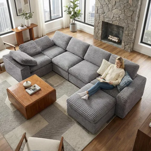 Vista 27 de KKL Sofá modular de 150 pulgadas, sofá modular en forma de U con otomana, sofá de pana sin hueso para sala de estar y dormitorio, sofá modular Negro