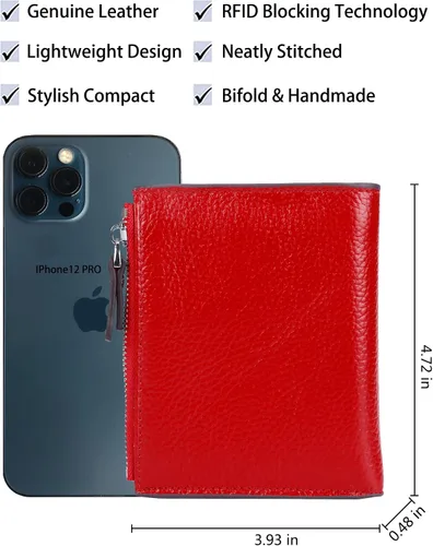 Vista 4 de AINIMOER - Cartera de piel con bloqueo RFID para mujer, tamaño pequeño, compacta, doble zíper, con ventana para identificación