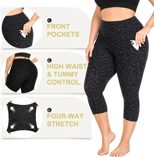 Vista 5 de MOREFEEL Leggings capri de talla grande para mujer con bolsillos, elásticos XL-4XL, control de abdomen, cintura alta, pantalones de yoga negros