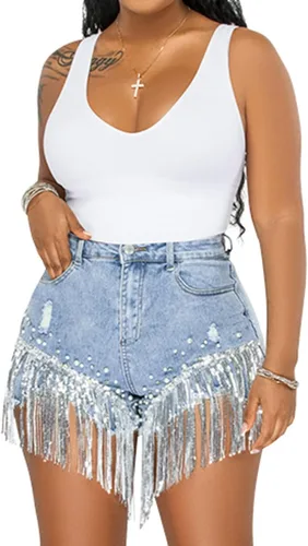 Vista 12 de LifeShe Pantalones cortos de mezclilla para mujer con cuentas de perlas de diamantes de imitación