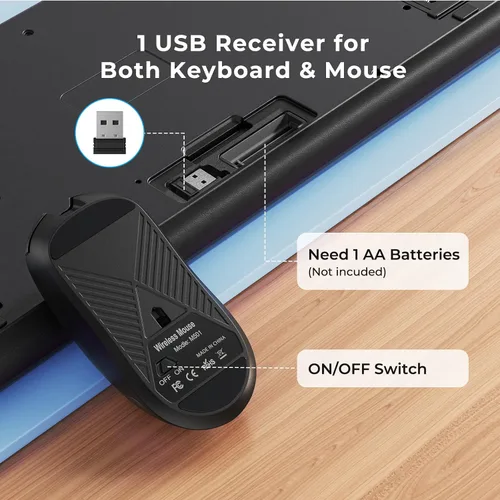 Vista 5 de Combo de teclado y mouse inalámbricos silenciosos, teclado con cubierta de impresión grande, teclado ergonómico de tamaño completo de 2.4 GHz