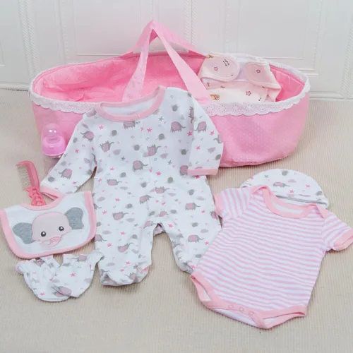 Vista 5 de Ropa de muñeca Reborn con moisés y accesorios de pañales reutilizables, juego de 10 piezas para muñecas de bebé de 17 a 22 pulgadas, muñecas rosadas