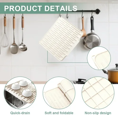 Vista 3 de Alfombrilla de secado de platos de silicona para encimera de cocina con bandeja de recolección de agua Almohadilla antideslizante (beige)