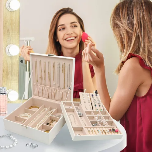 Vista 7 de ProCase - Joyero grande de cuero con dos niveles para organizar aretes pulseras anillos relojes para mujeres niñas regalo ideal para novia o esposa