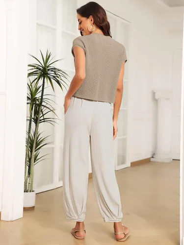 Vista 5 de LILLUSORY Conjuntos de 2 piezas para mujer, conjuntos de descanso de moda, suéter de punto acogedor de manga corta, conjunto de ropa de descanso a