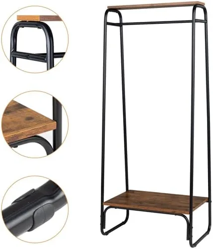 Vista 5 de Savins Perchero con estante de madera, perchero de ropa independiente, perchero para ropa, perchero resistente de metal de pie, negro A