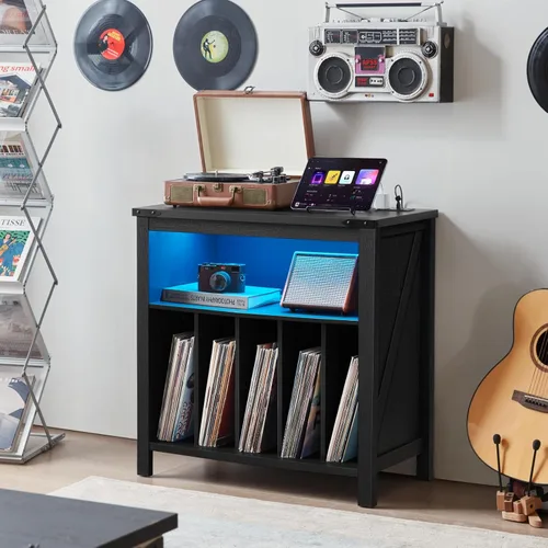 Vista 2 de Soporte grande para tocadiscos con estación de carga y luces LED, soporte de almacenamiento de discos de vinilo negro con capacidad para hasta 230
