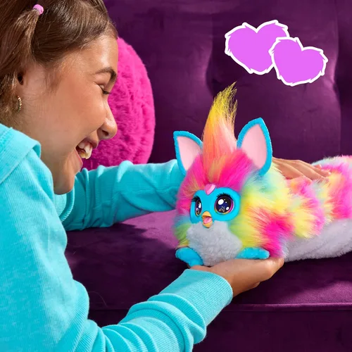Vista 9 de FURBY Juguete Interactivo DJ, Peluche Electrónico Súper Suave Arcoíris con Música, Luces, Movimiento y Juegos, Habla Inglés y Furbish, 32 Pulgadas