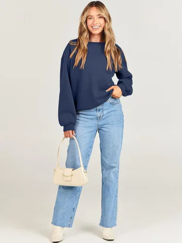 Vista 9 de ANRABESS Sudadera de manga larga para mujer, casual, cuello redondo, ajuste holgado, sudadera con capucha de forro polar para otoño