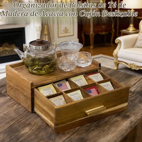 Vista 4 de Organizador de bolsas de té de madera de acacia con cajón