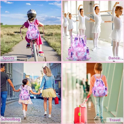 Vista 6 de RHCPFOVR Mochila con cordón para niños, bolsas de unicornio para niñas, gimnasio, baile, playa, natación, bolsa de viaje con dos soportes