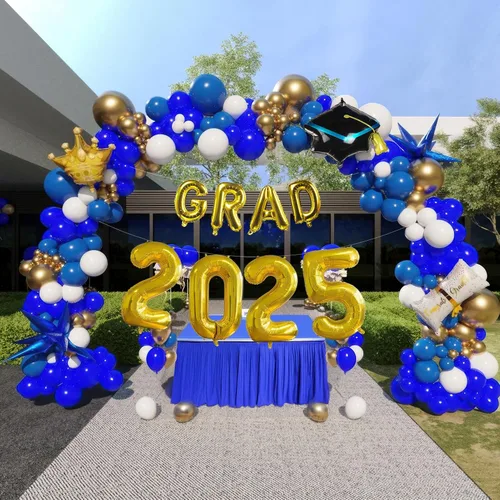 Vista 7 de Kit de arco de guirnalda de globos de graduación con temática azul con globos de aluminio para estudiantes universitarios de secundaria, clase