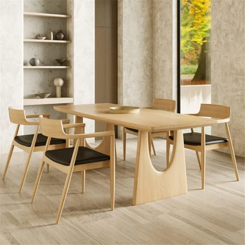 Vista 7 de Mesa de comedor de madera maciza rectangular moderna en la naturaleza con mesa de pedestal doble solo para comedor, cocina, mesa de ocio, 47.5