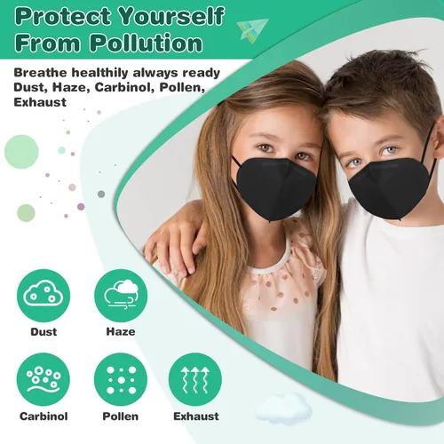 Vista 6 de XDX Mascarillas KN95 para niños, paquete de 100 mascarillas desechables negras envueltas individualmente, mascarillas KN95 de 5 capas para niños